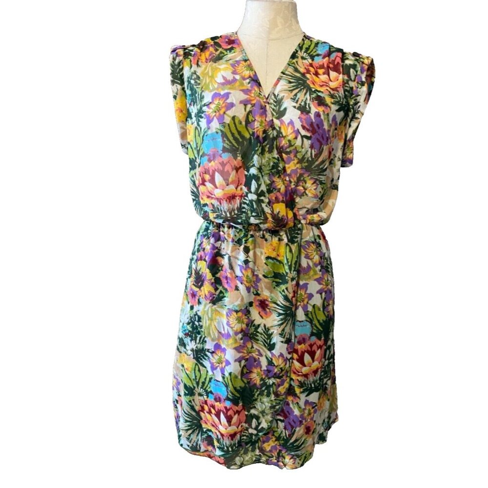 Bar III Dress Large 8 10 12 Green Purple Blue Floral Short Sleeve Sheer Washable